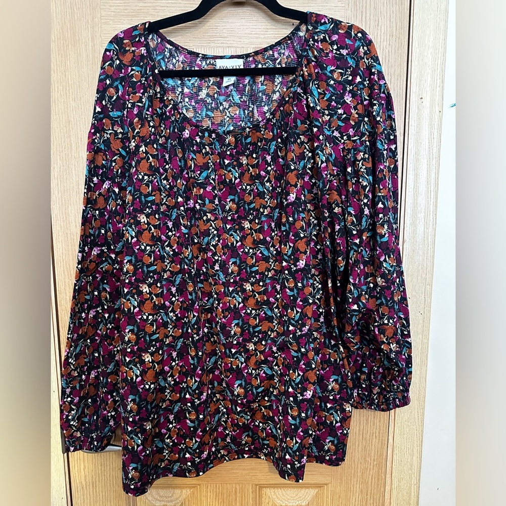 Ava & Viv Floral Peasant Blouse - Black, Purples and Pink